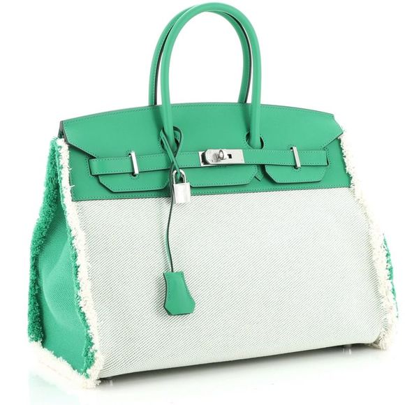 Hermes Fray Fray Birkin Bag Toile and Swift 35 Green, Neutral - Picture 3 of 8